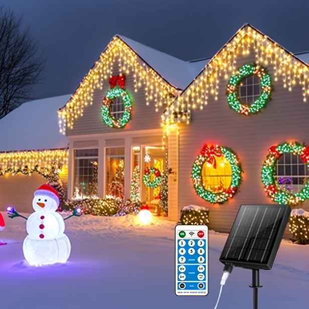 TEMU Vánoční venkovní ledovka s osvětlením, 22,5M, 2500MA, 680LED, solární napájení, 8 režimů, časování, dálkové ovládání, blesk, spojovací, vhodné
