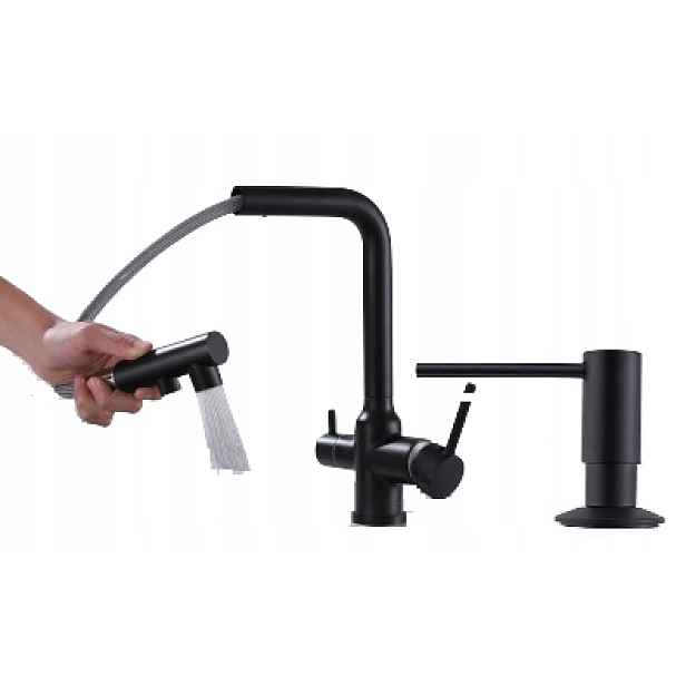 Kuchyňská třícesťová baterie k filtru černá Livra, ocelová výpusť Sada