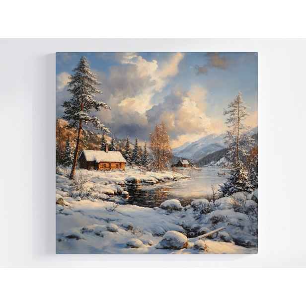 Obraz Na Plátně Canvas Zimní Krajina Chata Hory Sníh Les Jezero 50x50