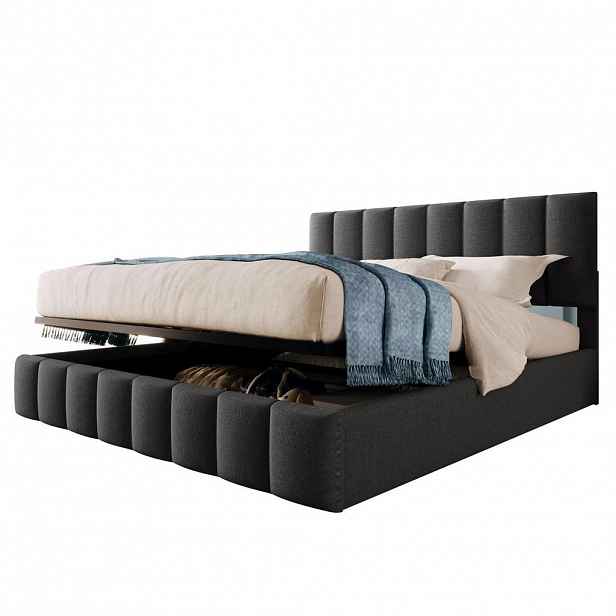 OKWISH ČALOUNĚNÁ postel 140/200 cm šedá z lnu s úložným prostorem a nastavitelným čelem