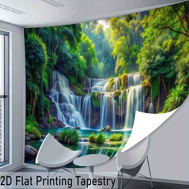 TEMU 2D plochý - [2D plochý tisk] 1 ks - Extra velká velikost - Klidná zelená lesní vodopád HD digitální tisk Obrovský gobelín - Polyester - Domácí