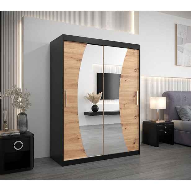 Skříň s posuvnými dveřmi ANABELA - 150 cm, černá / dub artisan