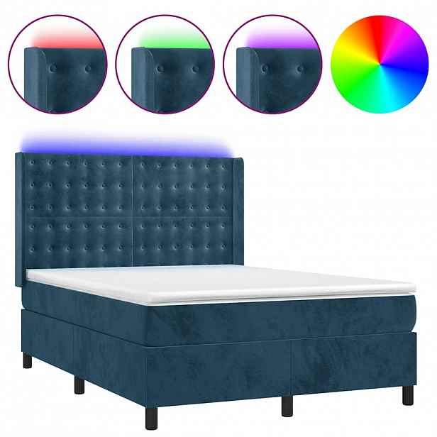 vidaXL Box spring postel s matrací a LED tmavě modrá 140x200 cm samet