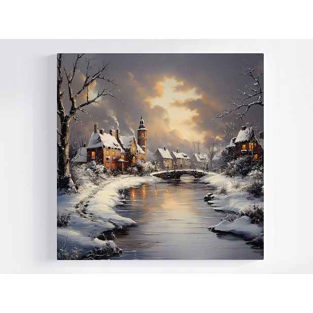 Obraz Na Plátně Plátno Krajina Město Řeka Domy Zima Sníh Most 50x50