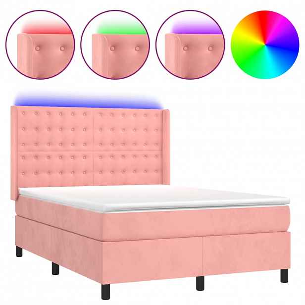 vidaXL Box spring postel s matrací a LED růžová 140x200 cm samet