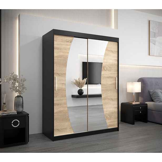 Skříň s posuvnými dveřmi ANABELA - 150 cm, černá / dub sonoma