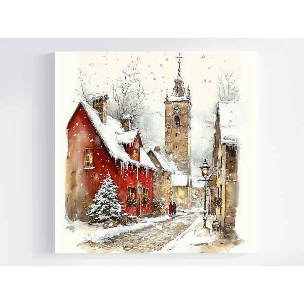 Obraz Na Plátně Canvas Krajina Městečko Ulička Kostel Zima Sníh 50x50