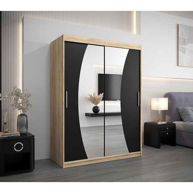 Skříň s posuvnými dveřmi ANABELA - 150 cm, dub sonoma / černá