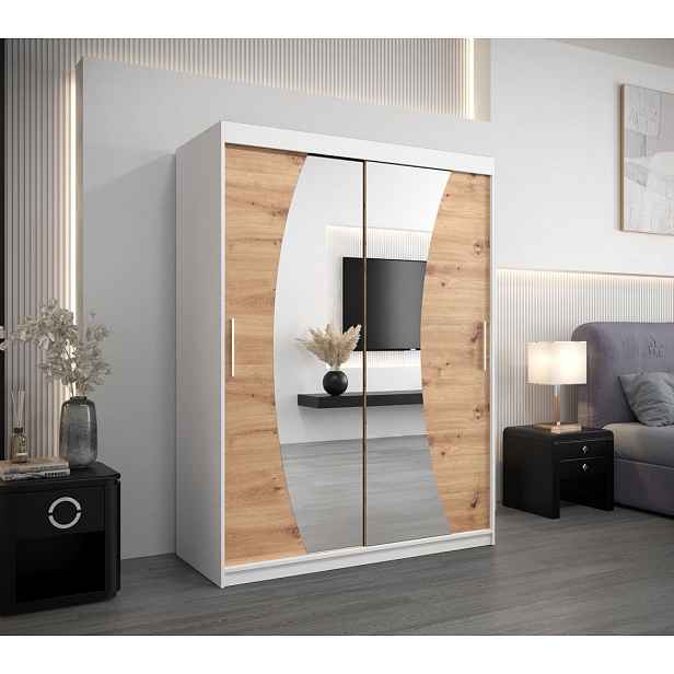 Skříň s posuvnými dveřmi ANABELA - 150 cm, bílá / dub artisan