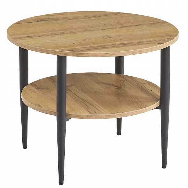 Kulatý Kávový Stolek Loft Industriální Moderní 60 cm S Poličkou Dub
