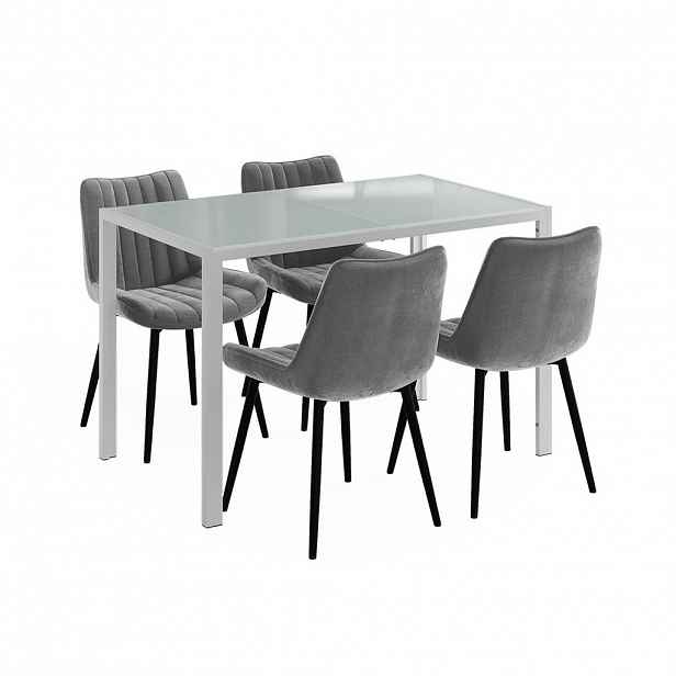 Vicco JÍDELNÍ STŮL SESTAVA Grand, Bílá, 120 x 70 cm se 4 židlemi (šedé)