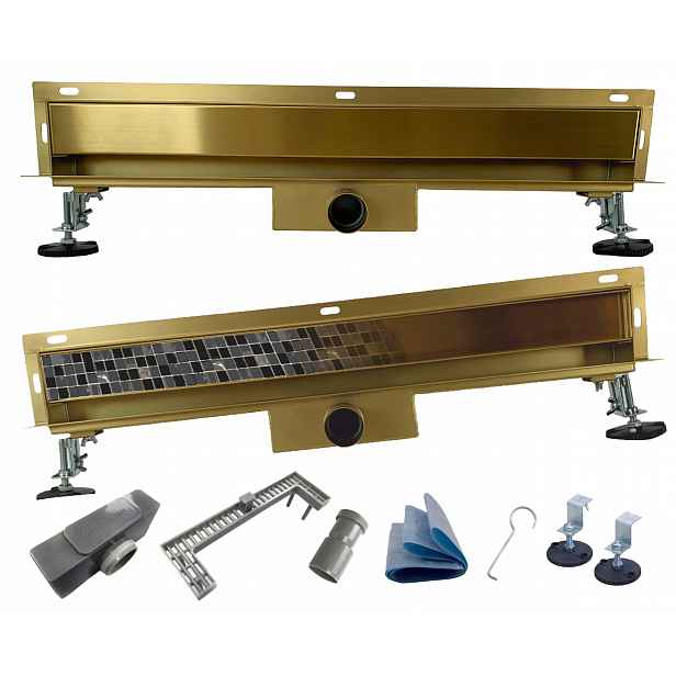 X-home Lineární Odtok Nástěnný Odtok Zlatý 70 cm 2v1 pod desku Tenký 35 mm Nízký