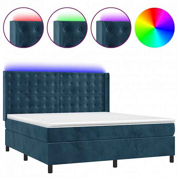 vidaXL Box spring postel s matrací a LED tmavě modrá 160x200 cm samet