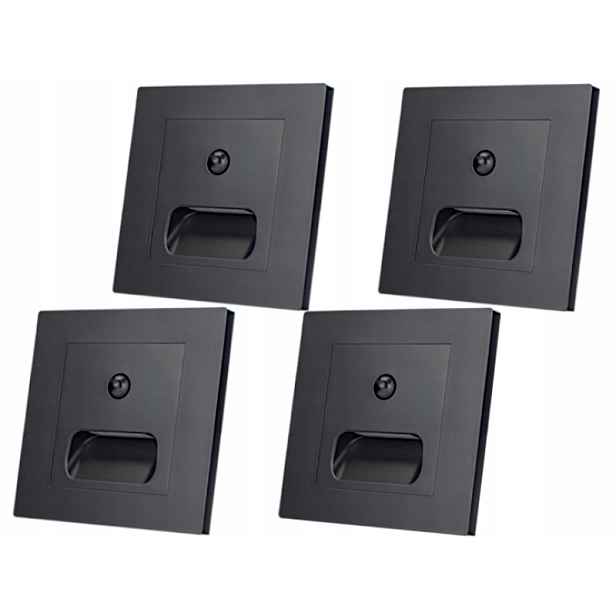 4x Led schodišťová lampa 230V Čtverec Černá Objímka na schody Snímač pohybu
