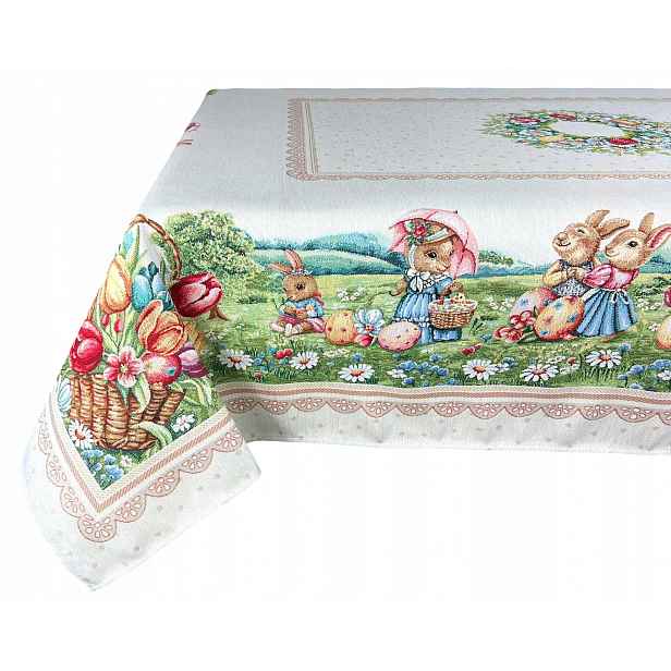Gobelínový Ubrus 140X140 Králíčci Kraslice Květiny Béžová Velikonoční Svátky