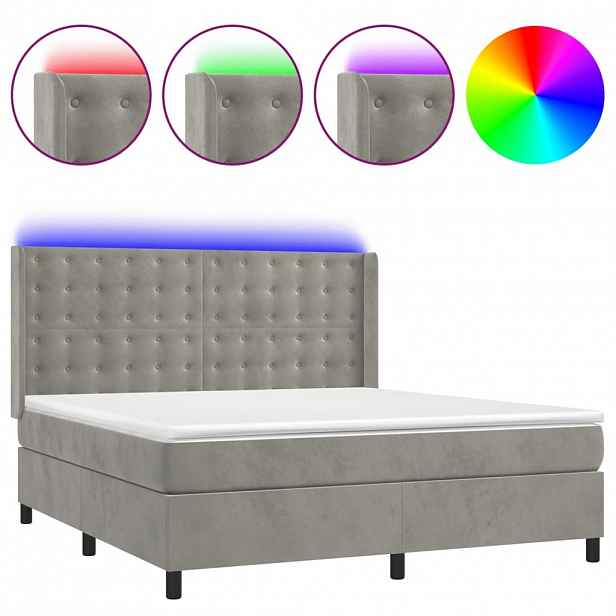 vidaXL Box spring postel s matrací a LED světle šedá 180x200 cm samet