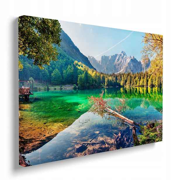 Obraz Jezero s lesem a horami, pohled na hory a zelené jezero 70x50 cm