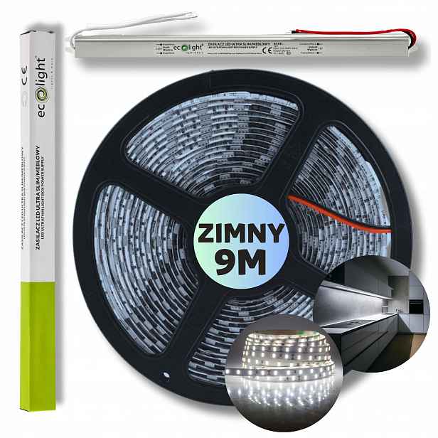 Set 9 m Led pásek Smd bílý studený s napájecím zdrojem 12 V