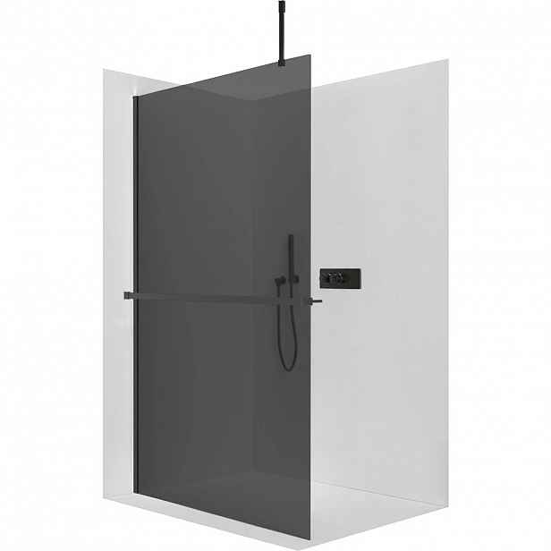 Sprchová zástěna Walk-in Onyx Top Cube L/P - 10 mm - hranatá vzpěra + polička/držák na ručníky - černá matná, grafitové sklo - 110x200 cm
