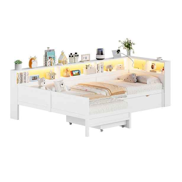 STILVORA POSTEL 90 × 200 + 90 × 200 cm, bílá, výsuvné lůžko, zásuvka, LED a USB, provedení do L