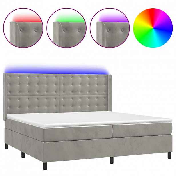 vidaXL Box spring postel s matrací a LED světle šedá 200x200 cm samet