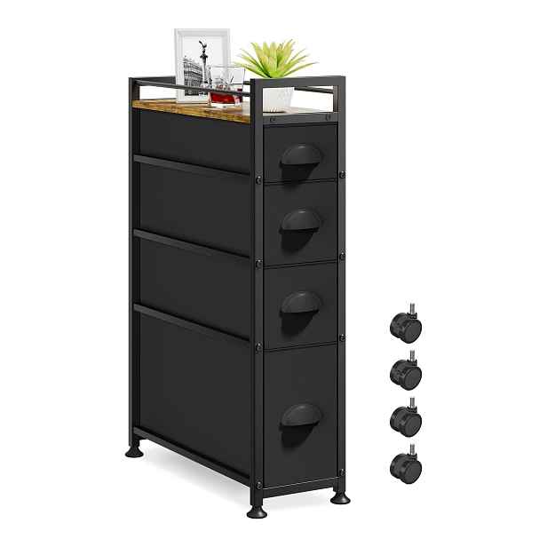 Koupelnová skříňka úzká 20 cm černá 4 zásuvky rolky ložnice