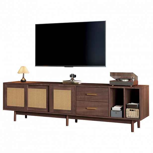 Modfu TV stolek z MDF 190x40x52 cm hnědý s ratanovými dvířky, 2 zásuvkami a 3 posuvnými dvířky