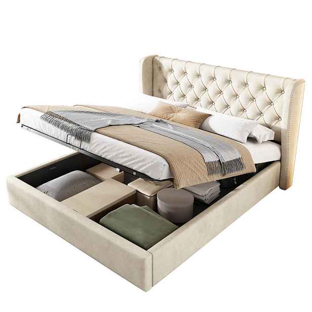 STILVORA ČALOUNĚNÁ POSTEL 140 × 200 cm, béžový samet, úložný prostor, rošt a design Chesterfield
