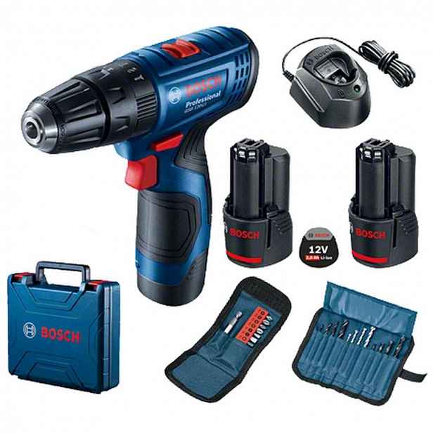 Bosch - 12V AKU vrtací šroubovák s příklepem, s příslušenstvím, 2x aku 2,0 Ah Li-Ion, nabíječka 06019G8102