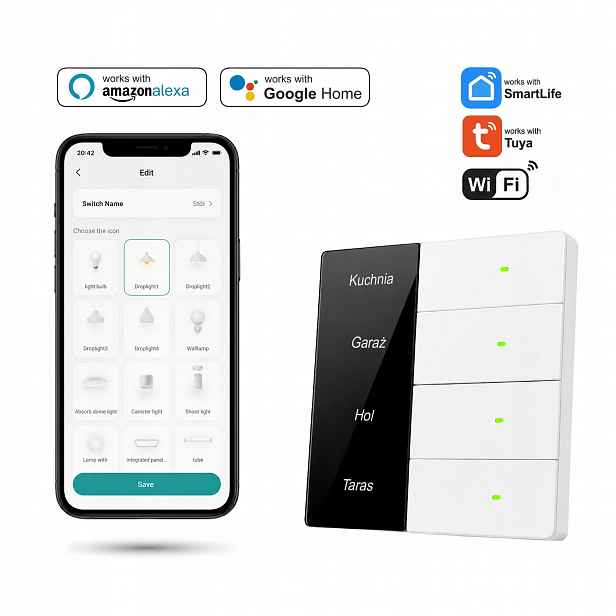 Nástěnný vypínač bílý WiFi Tuya čtyřnásobný s zobrazením názvů místností