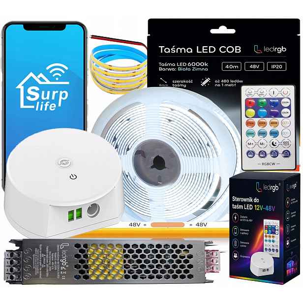 Sada Led pásků Cob 48V 40m 480 diod 6000K Bílá Ovladač Dálkový Ovladač Napájecí Zdroj