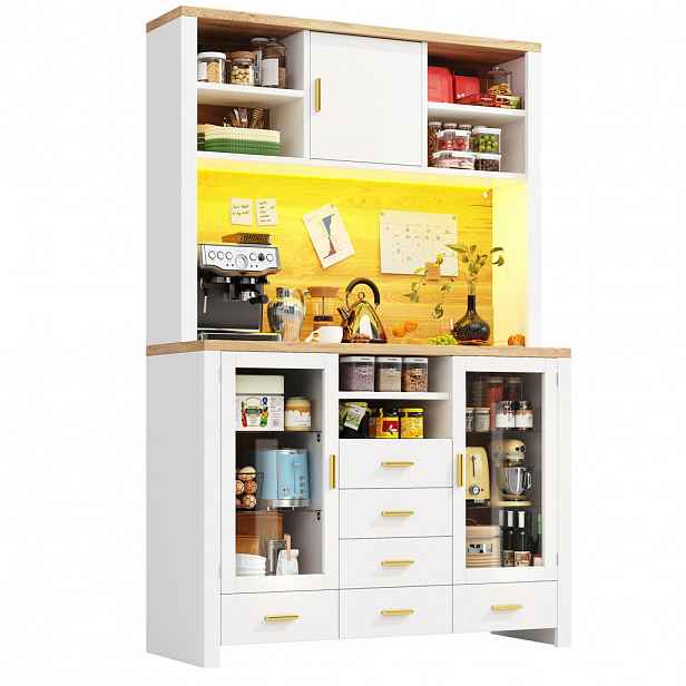 Redom BUFFET 120/40/180 cm s LED osvětlením, velkým úložným prostorem a antiklopným systémem, Bílá/Dekor dřeva