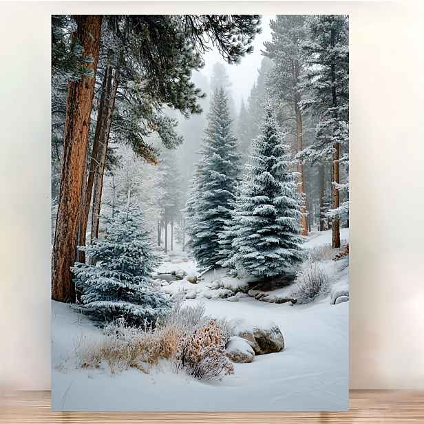 TEMU 2D Plochý, 30,48x40,64 cm Zimní Lesní Tisk na Plátně - Zasněžené Borovice & Mlžná Horská Krajina, Méně Moderní Nástěnná Dekorace pro Vánoce na