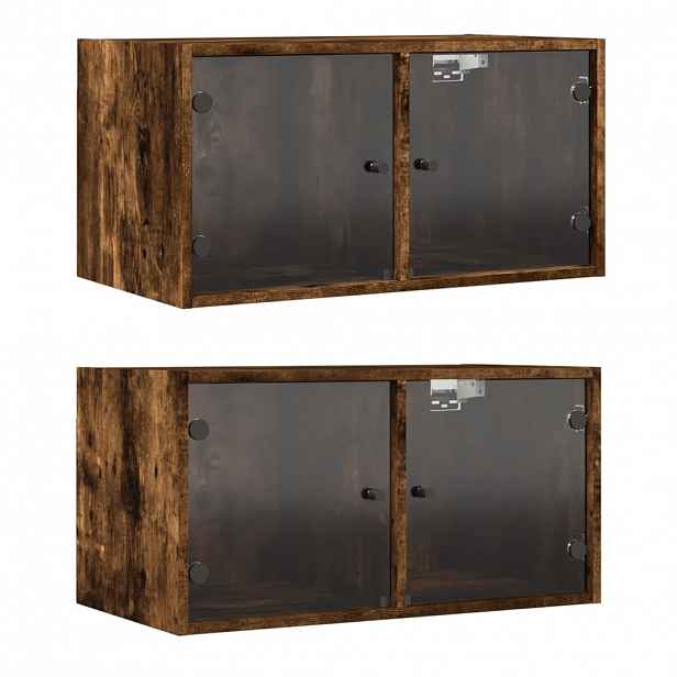vidaXL Nástěnné skříňky skleněná dvířky 2 ks kouřový dub 68,5x37x35 cm
