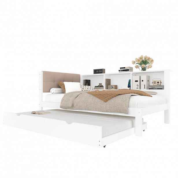 Modfu DĚTSKÁ postel z borovice 90x200 cm bílá s výsuvným lůžkem, LED osvětlením, USB portem a policí
