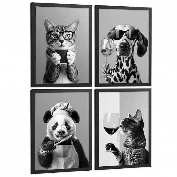 Nacnic PLAKAT Sada 4 Byn Animals A4 Černý rám