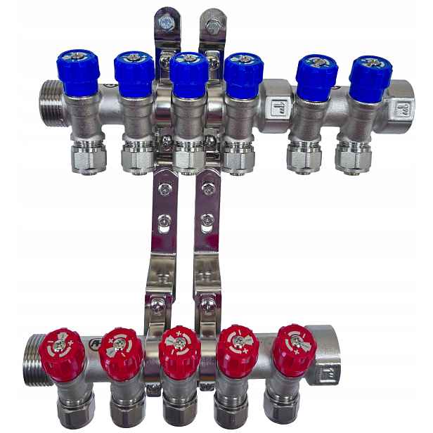 X-home Rozdělovač Pex 1“ x 16 mm 6 Obvodů Studené Vody 5 Obvodů Teplé Vody