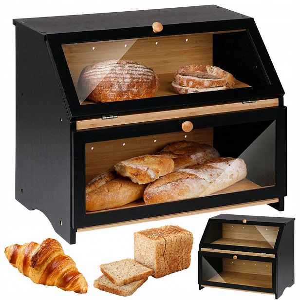 Nádoba Na Chléb Z Bambusu 2 Úrovně Černá S Kontrolním OKNEM38.9X24X32 CM