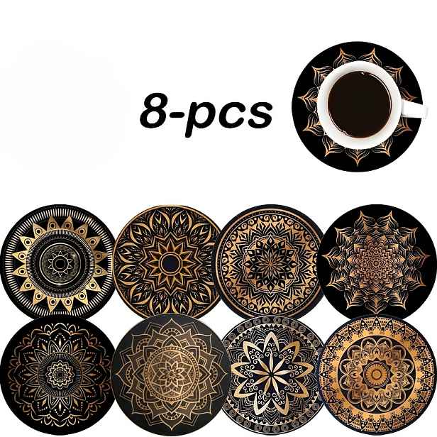 TEMU Balení 8 ks Mandala podložek - Vodotěsný dřevěný design, protiskluzové, vhodné pro /kanceláře/domácnosti, nezbytné pro vánoční párty dekorace