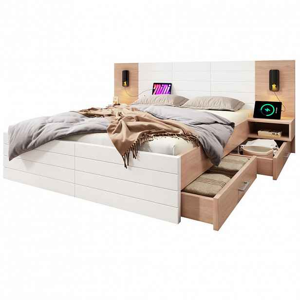 Modfu DŘEVĚNÁ postel z masivního dřeva a MDF 160x200 cm bílá/světlý dub s USB, lampičkou a 2 zásuvkami