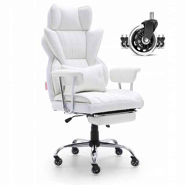 Kancelářská židle s podnožkou – ergonomická s bederní opěrkou, bílá
