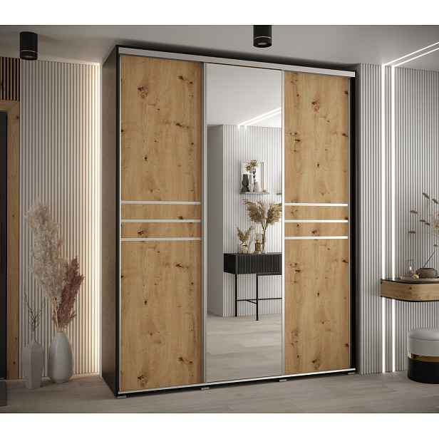 Šatní skříň YVONA 11 - 190/60 cm, černá / dub artisan / stříbrná