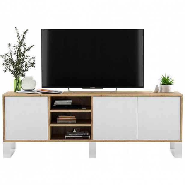 Meble Lindner TV stolek Apollo dub Wotan / bílá matná 150 cm s kovovými nohami