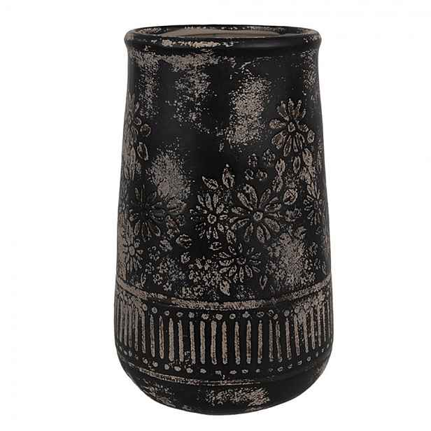 Černo-šedá keramická váza s květy - Ø 15*23 cm  Clayre & Eef
