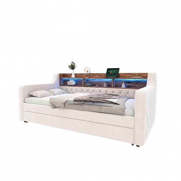 Modfu ROZKLÁDACÍ postel z sametu 90x190 cm béžová s LED osvětlením, USB-C a úložným regálem