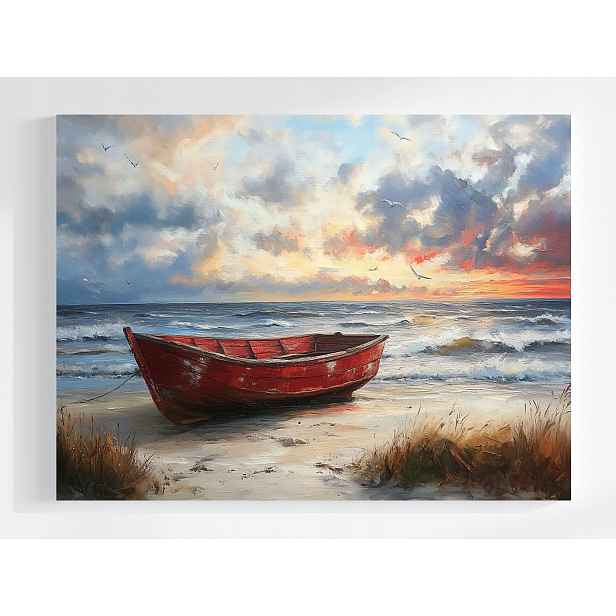Obraz Na Plátně Canvas Červená Loď Pláž Západ Slunce Moře Léto 80x60