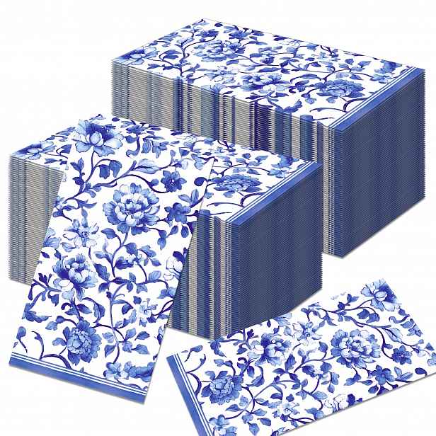TEMU Sada 20 modrých porcelánových ubrousků s čínským vzorem, 2vrstvé, jednorázové, vhodné na oběd, večeři, dětské oslavy, pikniky a večírky, rozměry