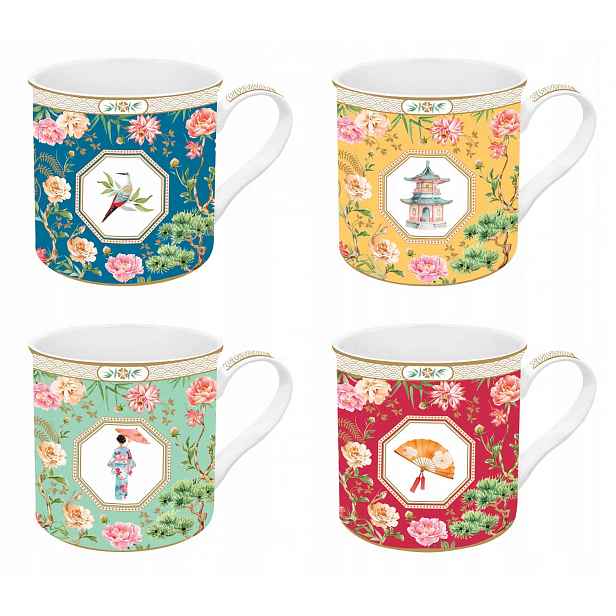 4 x velké hrnky 300 ml minimalismus motiv květin letní vzor ptáci pastelové