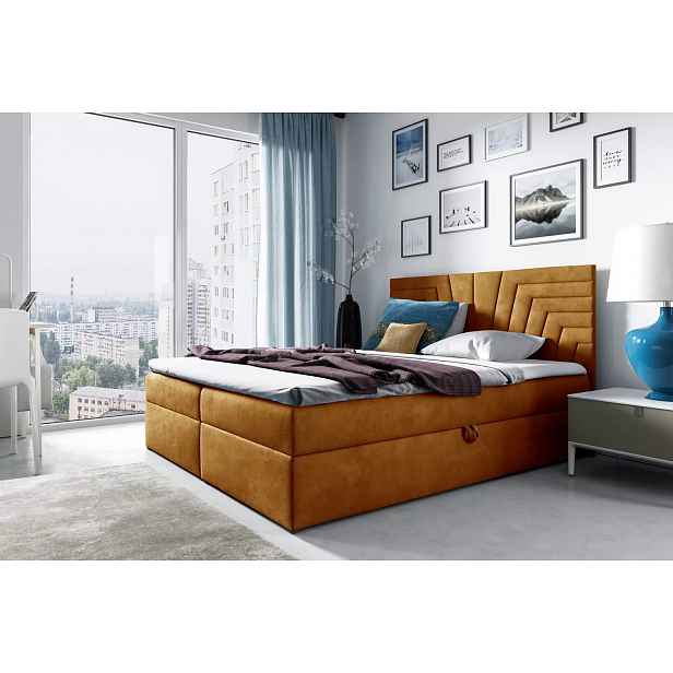 Čalouněná postel s prošívaným čelem SUSANA - 200x220, žlutá + topper ZDARMA