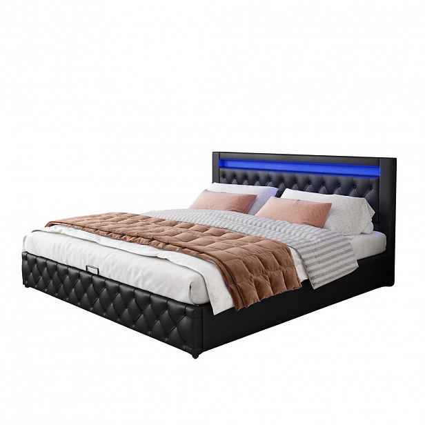 Modfu ČALOUNĚNÁ postel z PU 160x200 cm černá s LED osvětlením, roštem a úložným prostorem